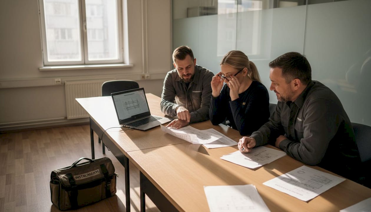 Birojā notiek printeru servisa tehniķu komandas sapulce.
