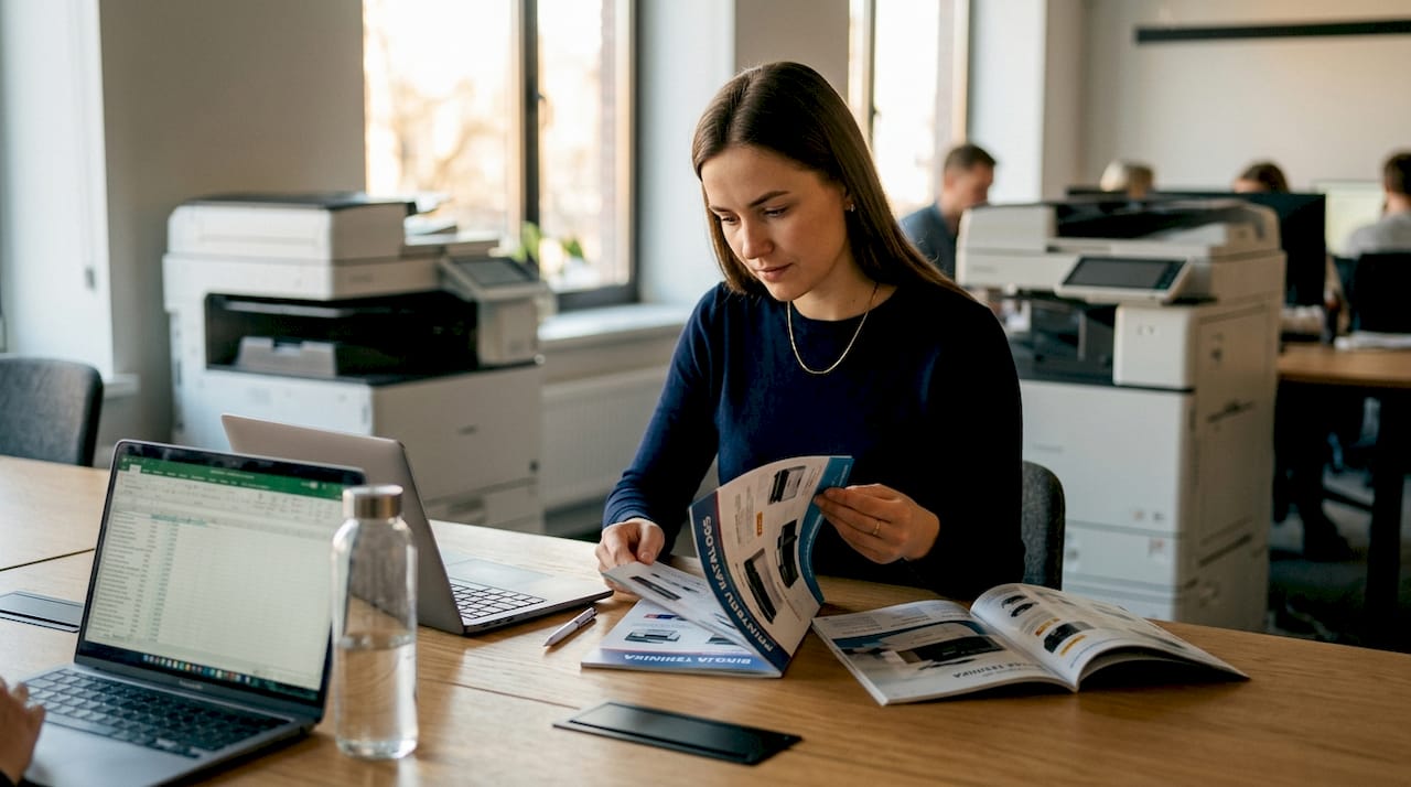 Darbiniece rūpīgi iepazīstas ar biroja tehnikas piedāvājumu katalogā.