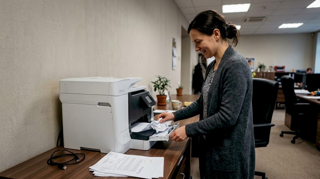 Darbinieks mēģina novērst printera papīra aizķeršanos.