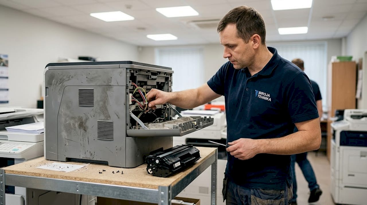 Tehniķis pārbauda lāzerprintera iekšējo paneli