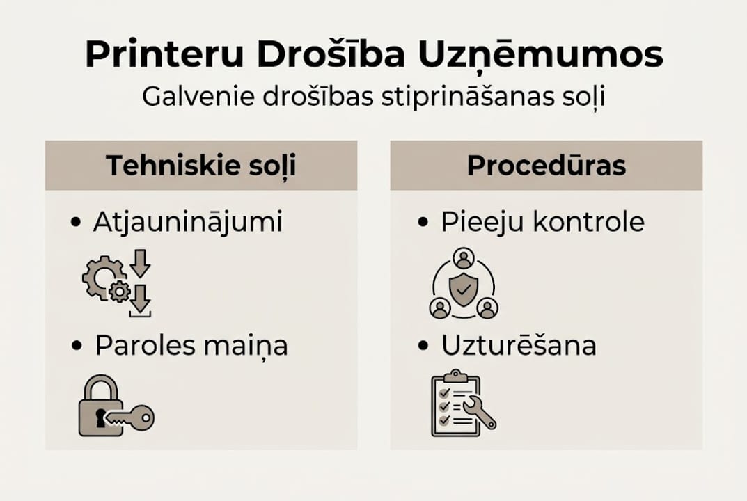 Infografika par svarīgākajiem printera drošības pasākumiem