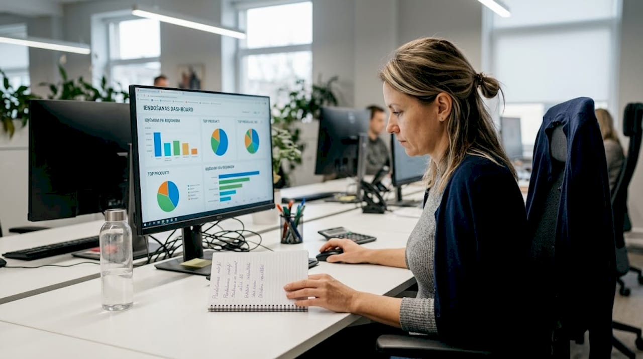 Biroja darbinieks pārskata kases sistēmas pārdošanas atskaites