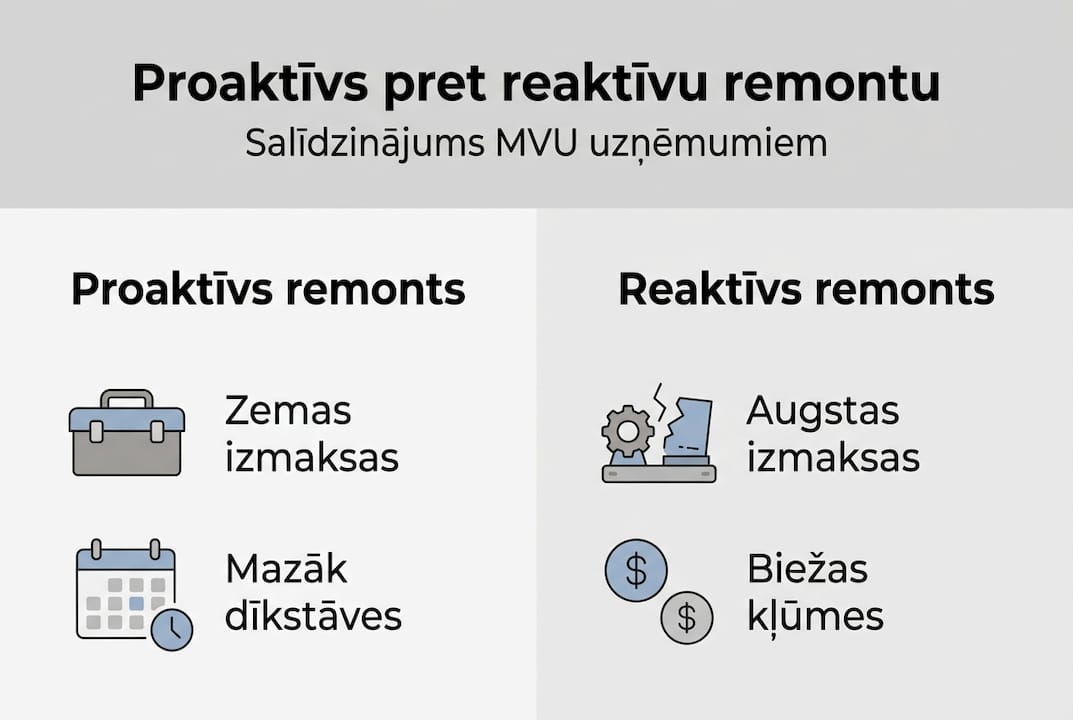 Infografika: Proaktīva vai reaģējoša remontu pieeja – kuru izvēlēties mazajiem un vidējiem uzņēmumiem?