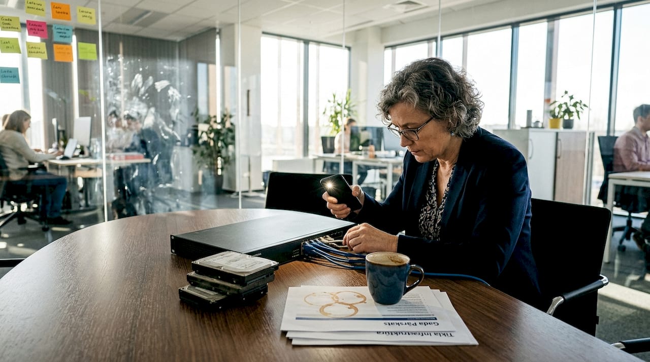 Uzņēmēja rūpīgi pārbauda tehniskās ierīces, kas izklātas uz galda.