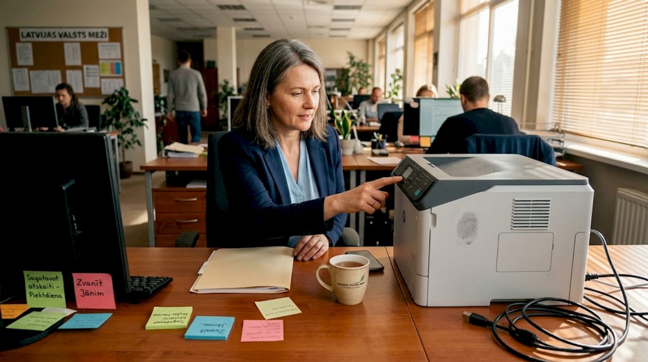 Biroja darbinieks veic HP printera diagnostiku, lai pārbaudītu tā darbību.