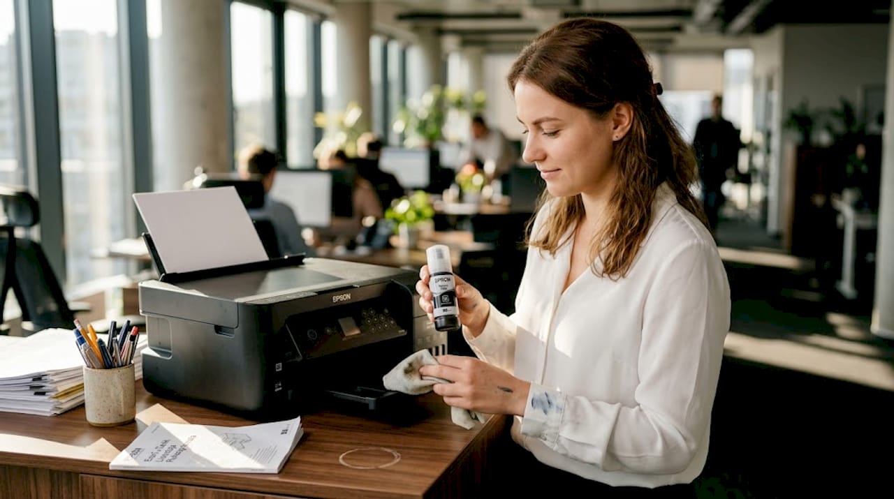 Darbinieks tīra Epson printera drukas galviņu