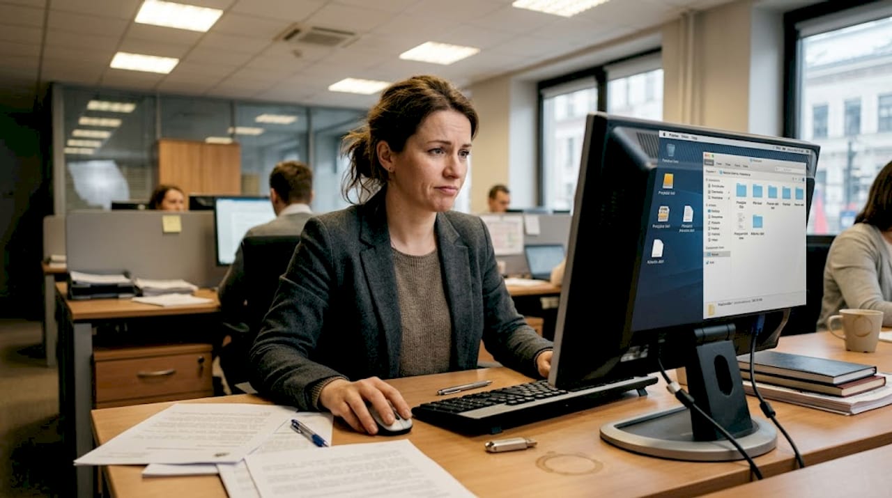 Biroja darbinieks, kurš ikdienā cīnās ar lēnu un bremzējošu datoru, kas apgrūtina darba pienākumu izpildi.