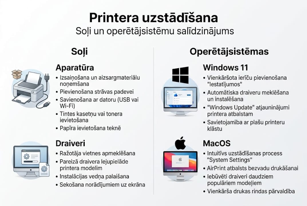 Infografika ar galvenajiem soļiem, kā ērti uzstādīt printeri