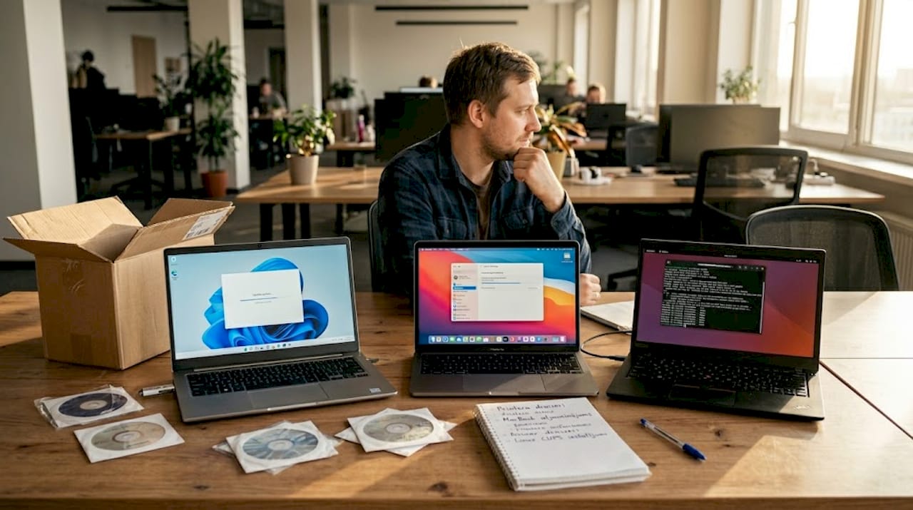 Tehniķis uzstāda printera draiverus trīs datoriem.