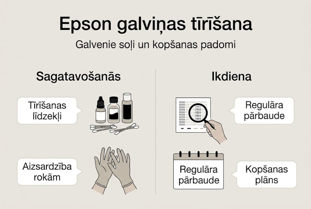 Infografika: Kā pareizi kopt Epson drukas galviņu – galvenie soļi un praktiski padomi