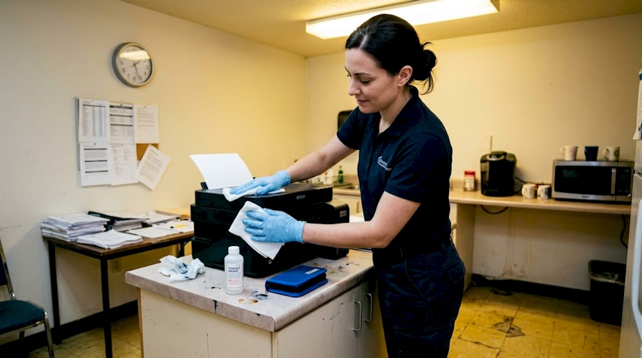 Nelielā birojā meistars veic Epson printera apkopi.