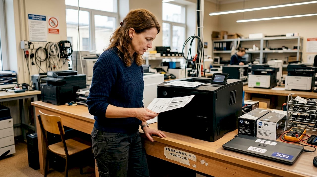 Remonta darbnīcā sieviete pārbauda, vai printeris darbojas kā pienākas.