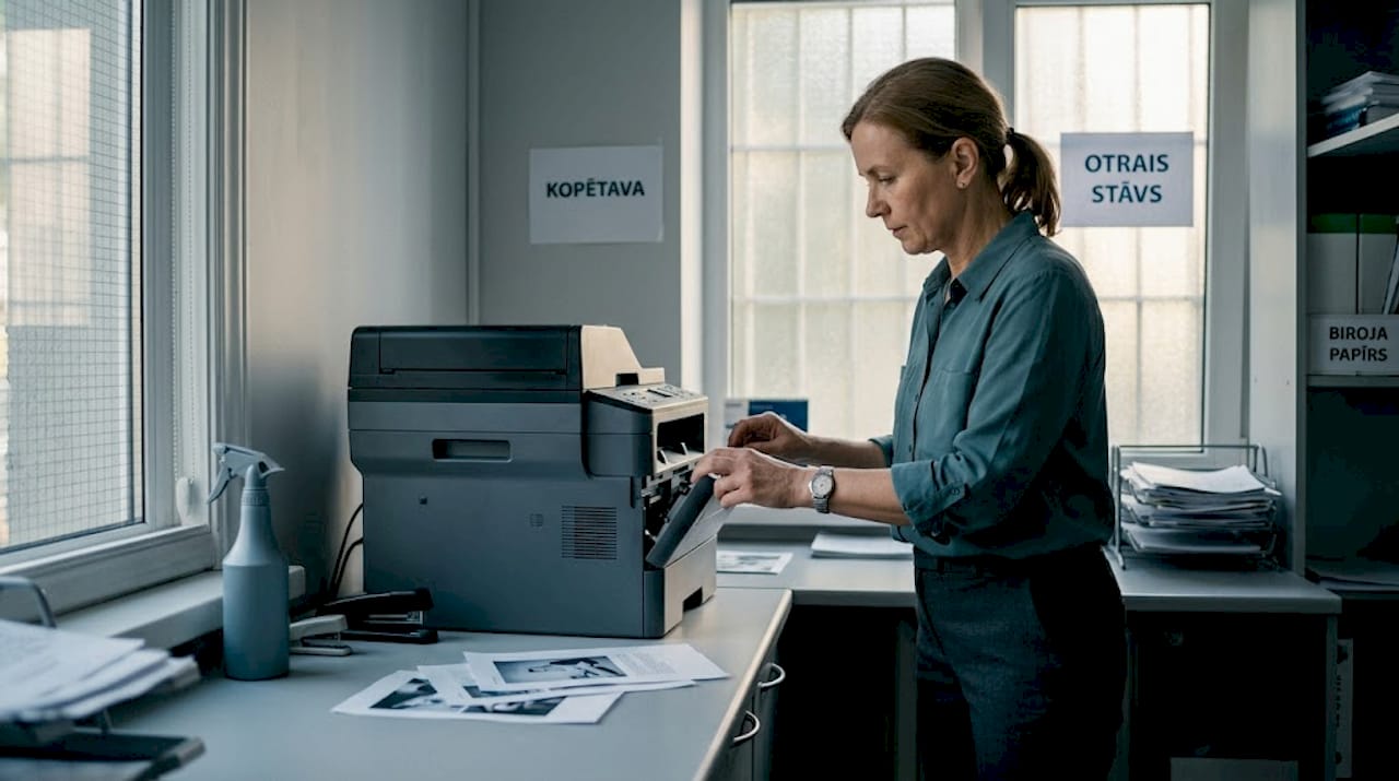 Biroja darbinieks pārbauda printeri, lai pārliecinātos, ka tas darbojas kārtīgi un ir gatavs ikdienas lietošanai.