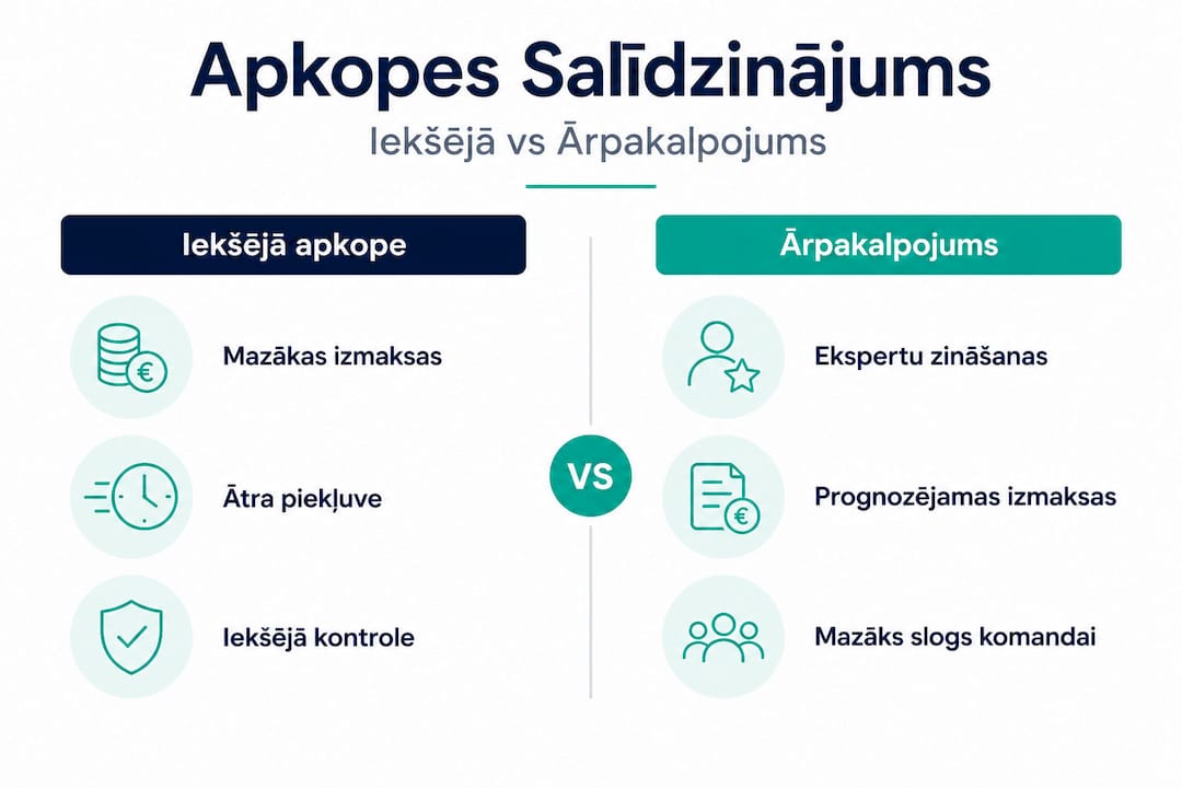 Infografika: Iekšējās pret ārpakalpojumu uzturēšanas plusi un mīnusi