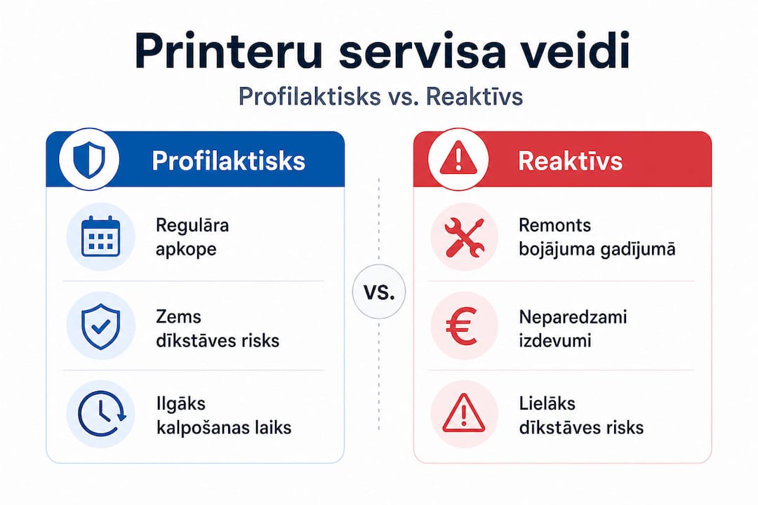 Infografikā apskatītas atšķirības starp regulāru printeru apkopi un servisu, kas tiek veikts tikai tad, kad rodas problēmas.