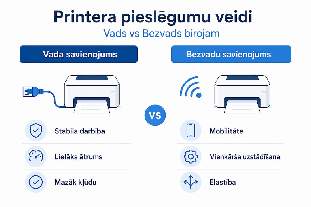 Infografika: Vadu un bezvadu printeru pieslēguma salīdzinājums