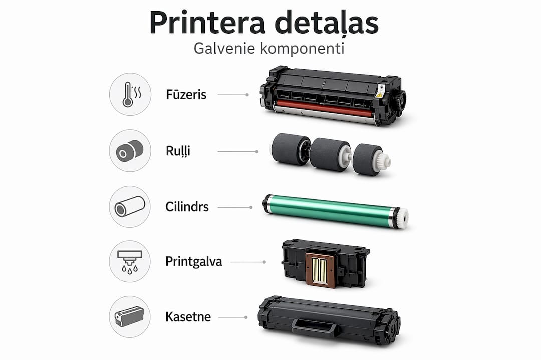 Infografika: svarīgākās printera detaļas pēc to nozīmības