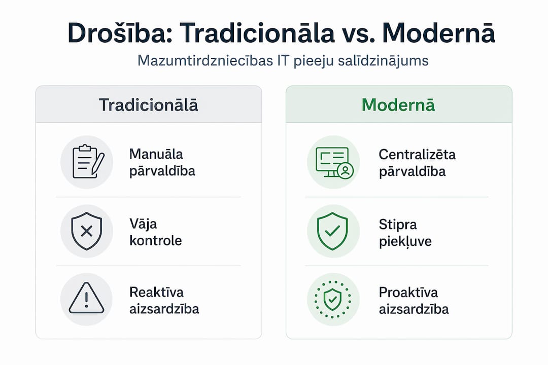 Infografika, kas vizuāli salīdzina ierastos IT drošības risinājumus ar mūsdienu pieejām