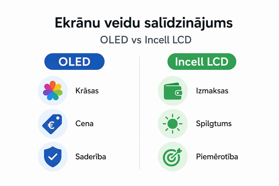 Infografika: OLED un Incell LCD ekrānu salīdzinājums