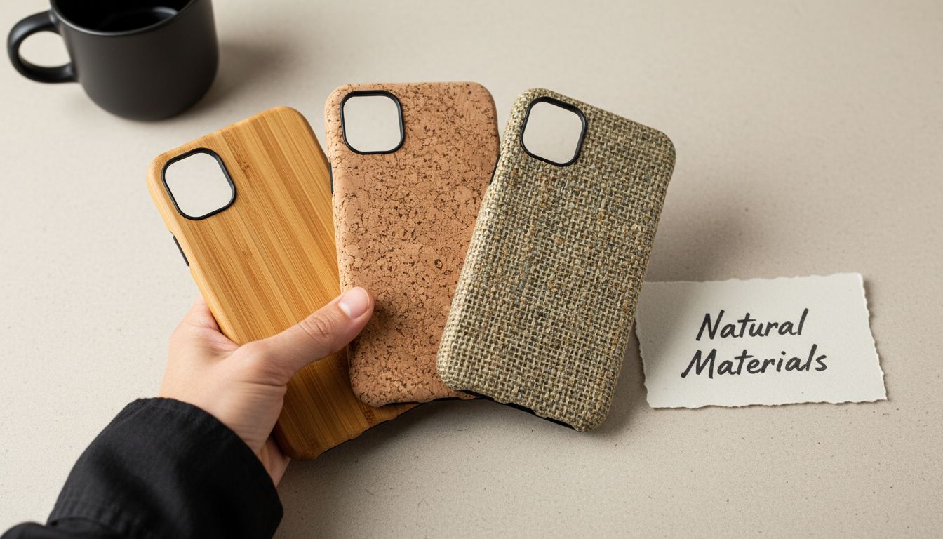 Bamboo, hemp, and cork phone cases closeup