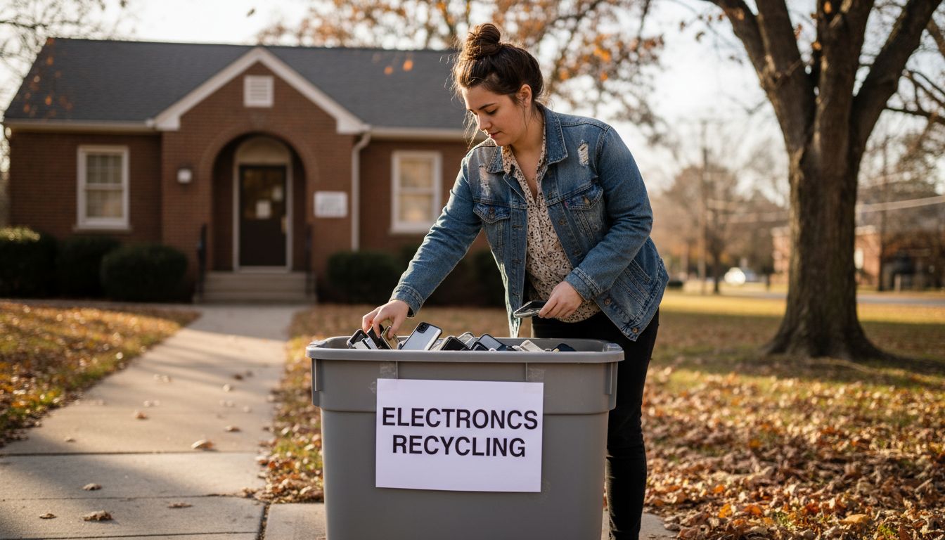 Woman recycling phone cases at drop-off bin