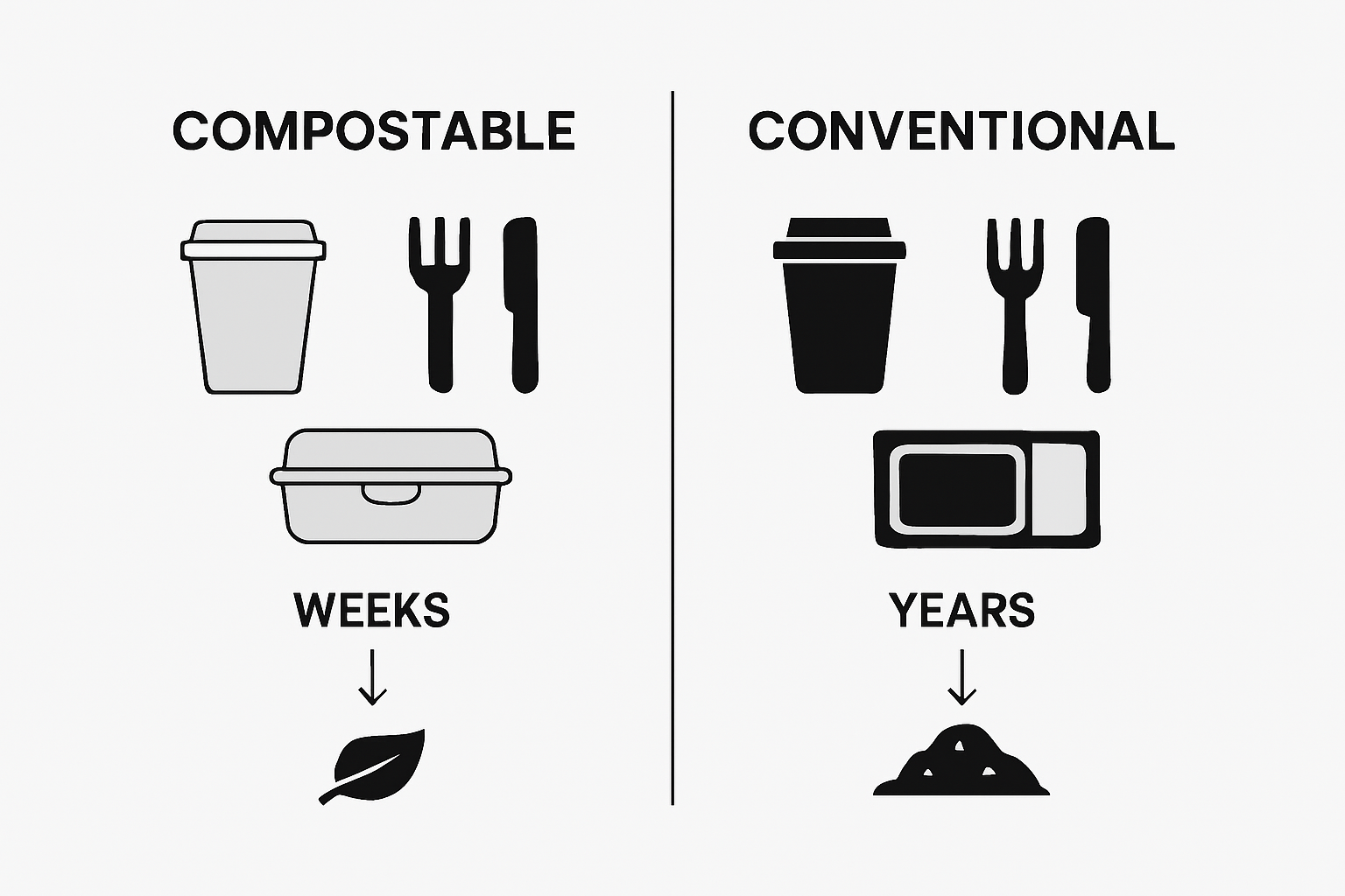 Compostable vs conventional materials impact infographic
