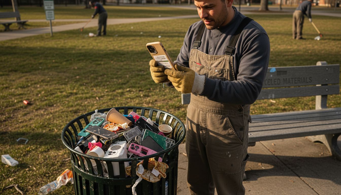 Worker comparing plastic and compostable phone cases