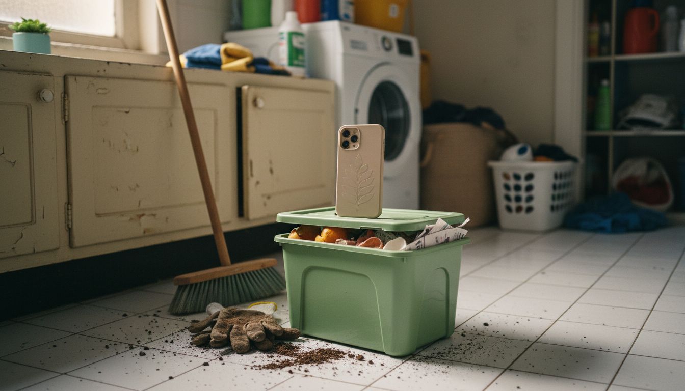 Phone case atop compost bin in laundry room