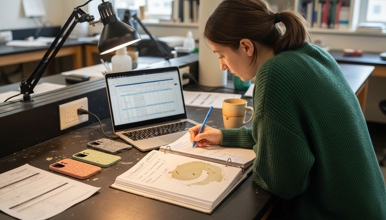 Student researching sustainable phone case materials