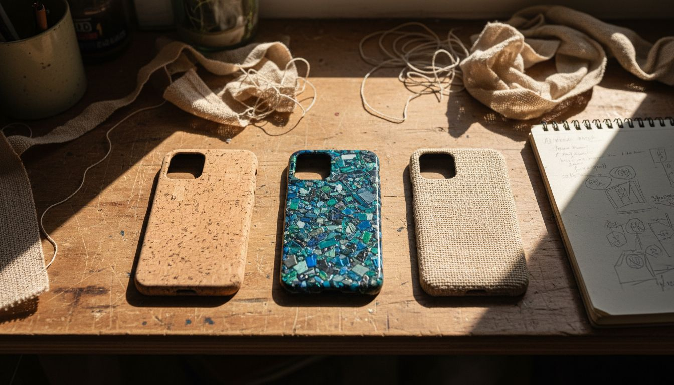 Sustainable phone cases displayed on workshop table
