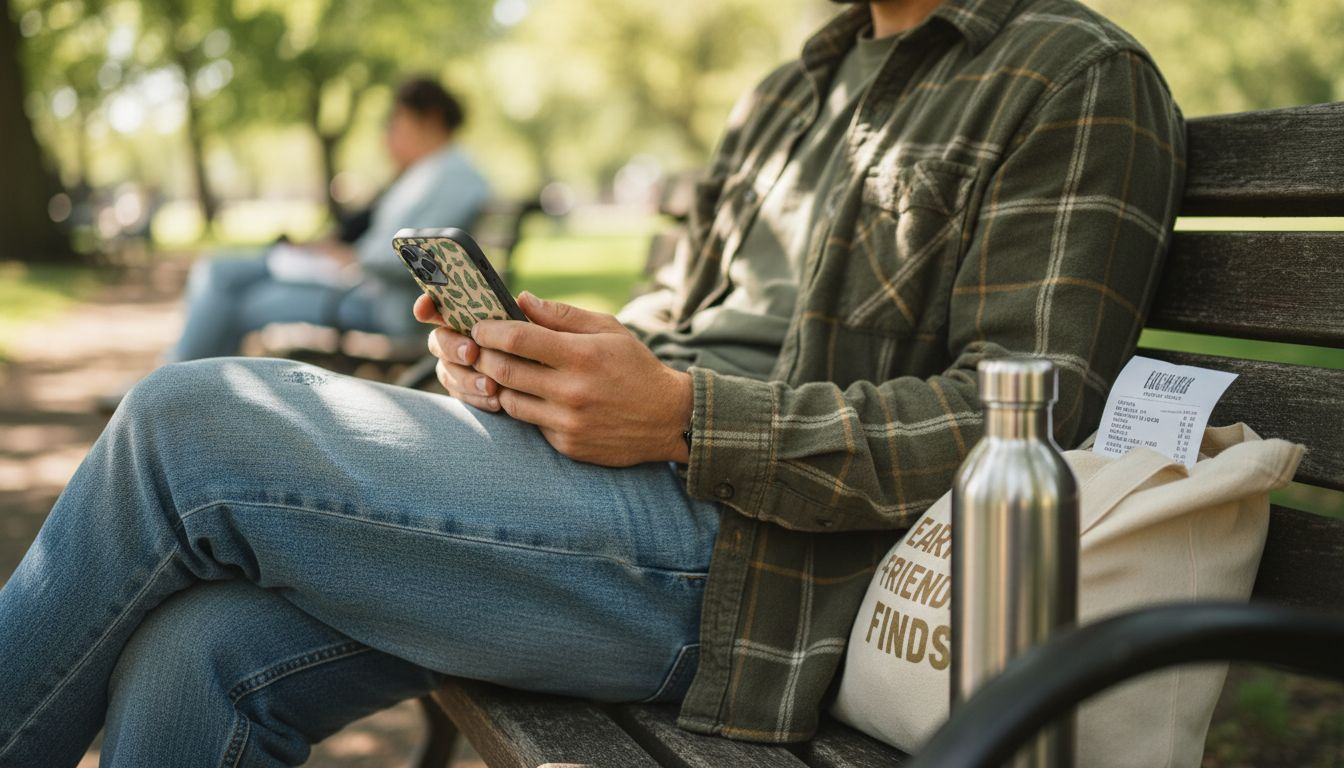 Man holding plant-based phone case on park bench