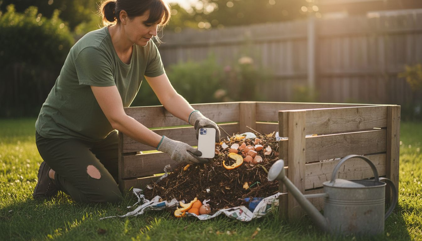 Placing phone case onto outdoor compost pile