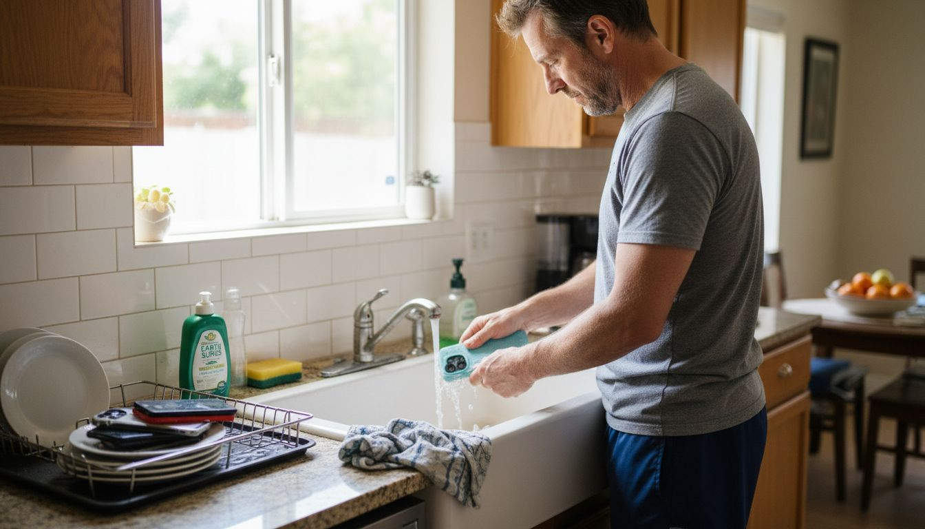 Man cleaning phone case at kitchen sink