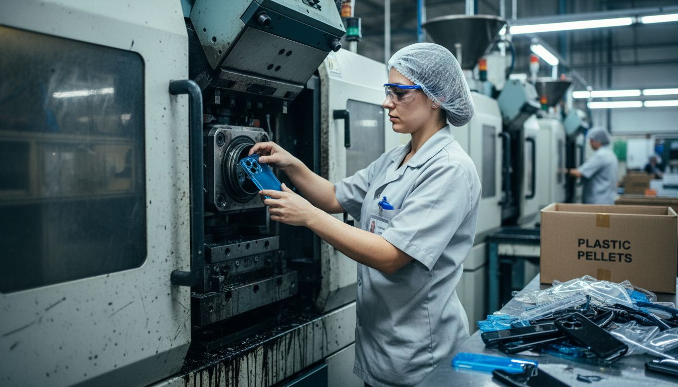Worker operating phone case molding machine