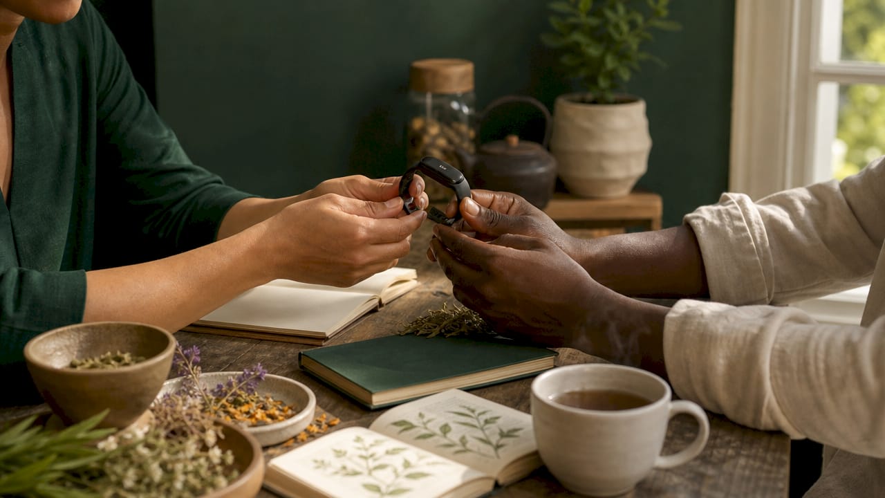 Hands holding wearable tracker and symptom log