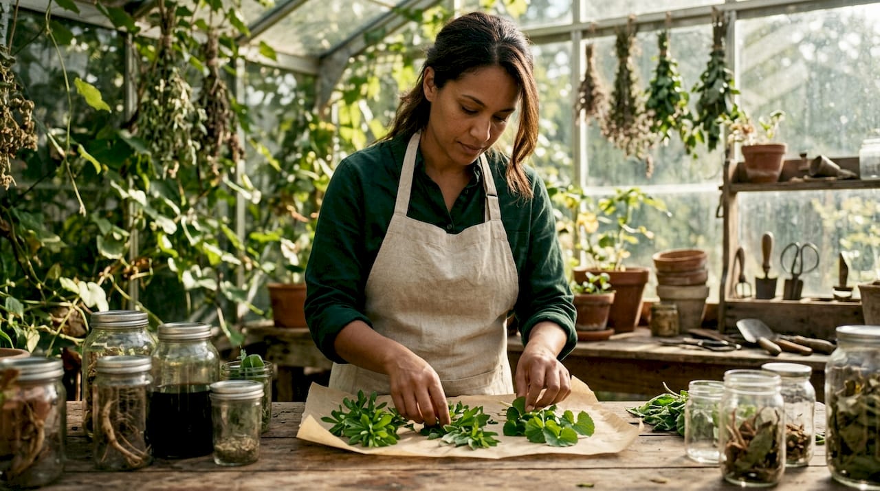 Herbalist sorting lymphagogue herbs indoors
