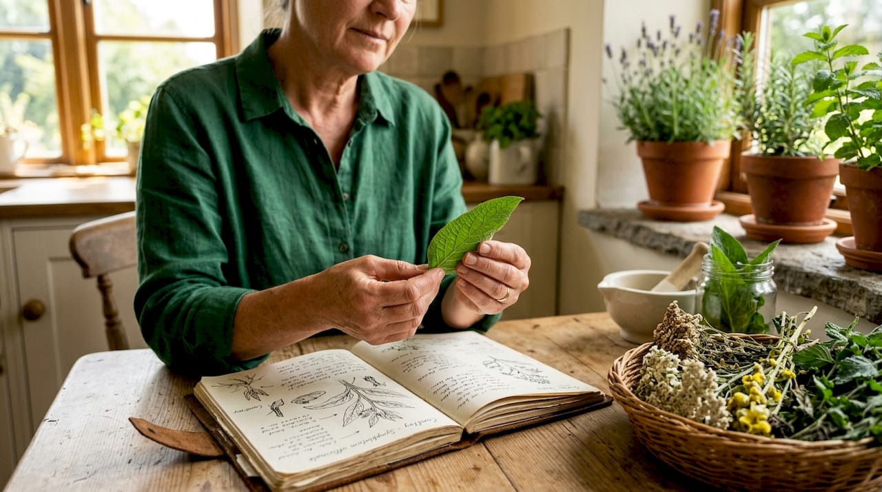 Hands examining herbal leaf for inflammation research