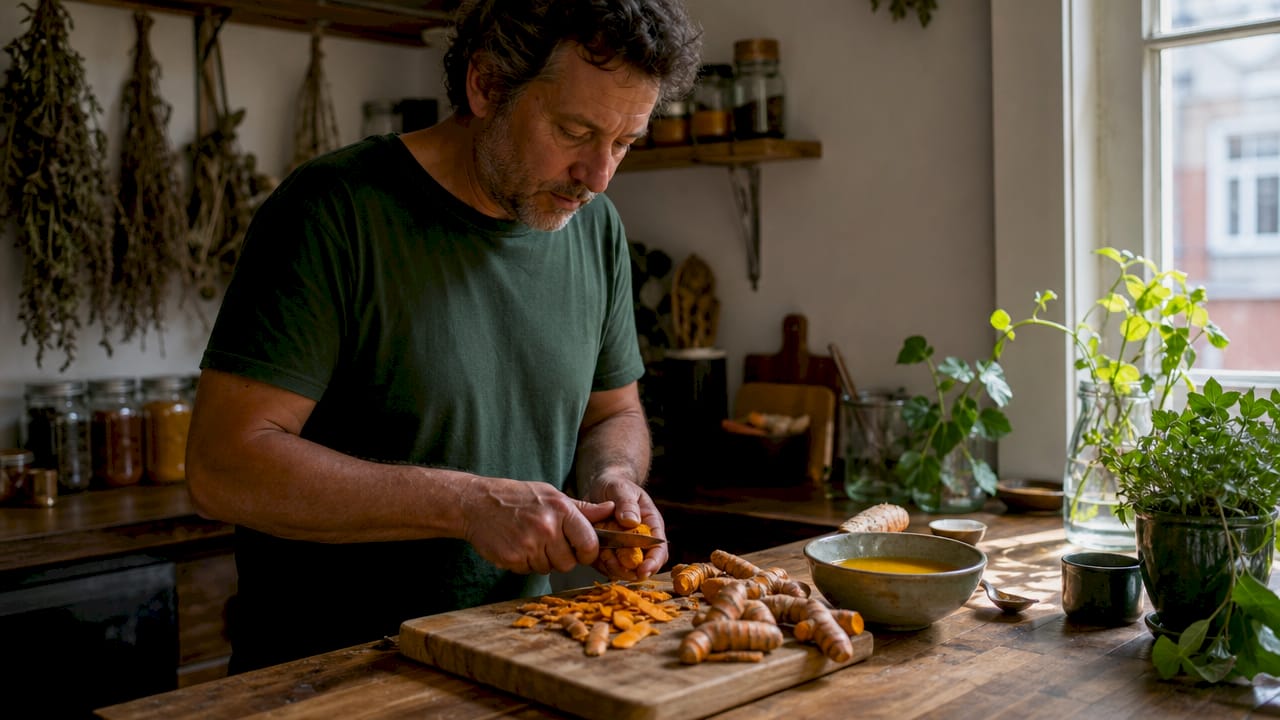 Hands peeling fresh turmeric root on kitchen counter