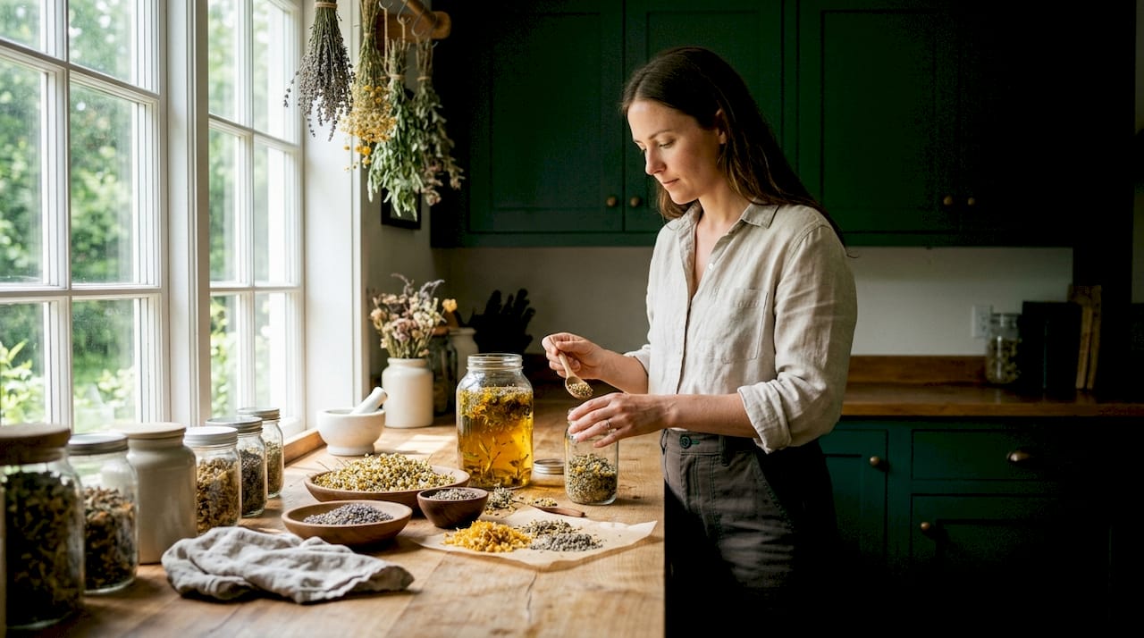 Hands weighing herbs on digital scale