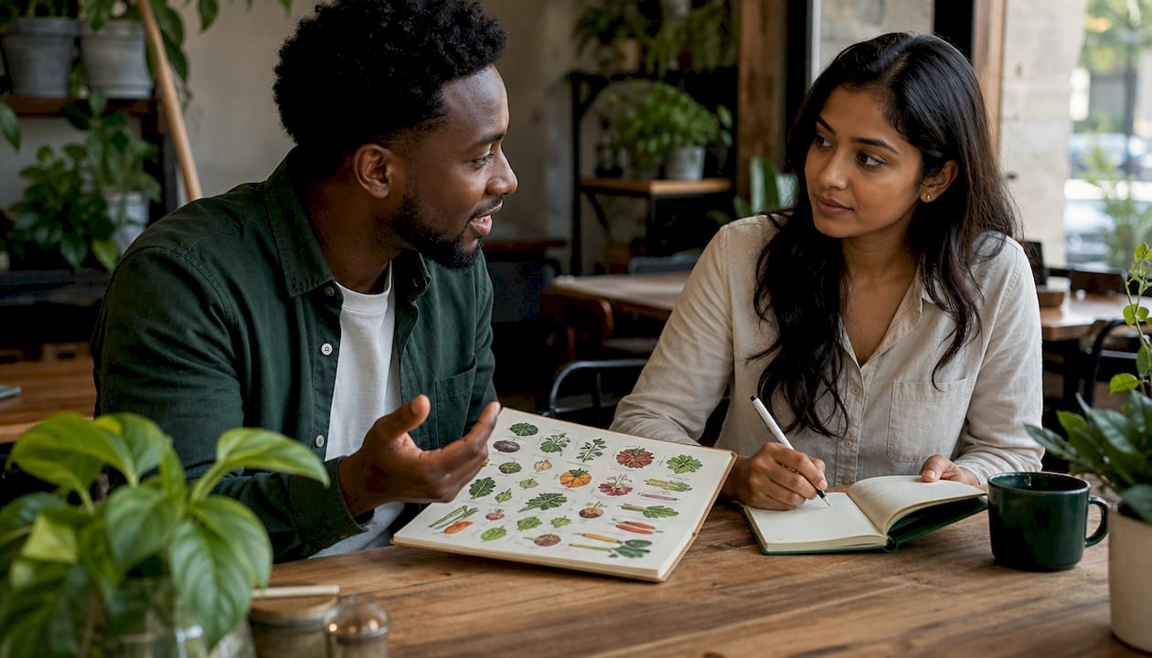 Nutritionist advising client on plant-based wellness