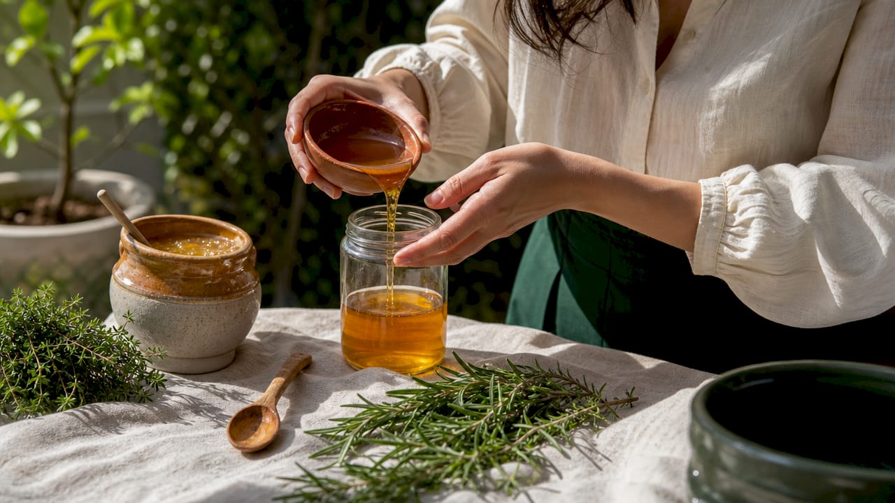 Hands preparing herbal honey and vinegar oxymel