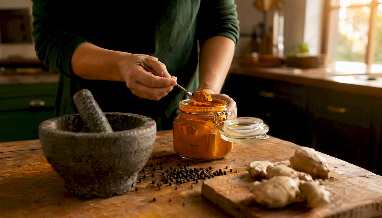Hands preparing turmeric with black pepper and ginger