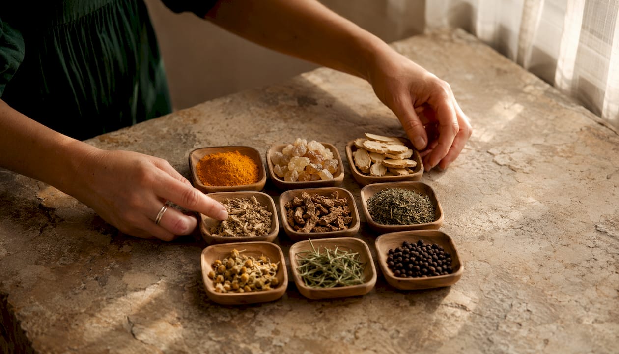 Hands arranging nine dried anti-inflammatory herbs on table