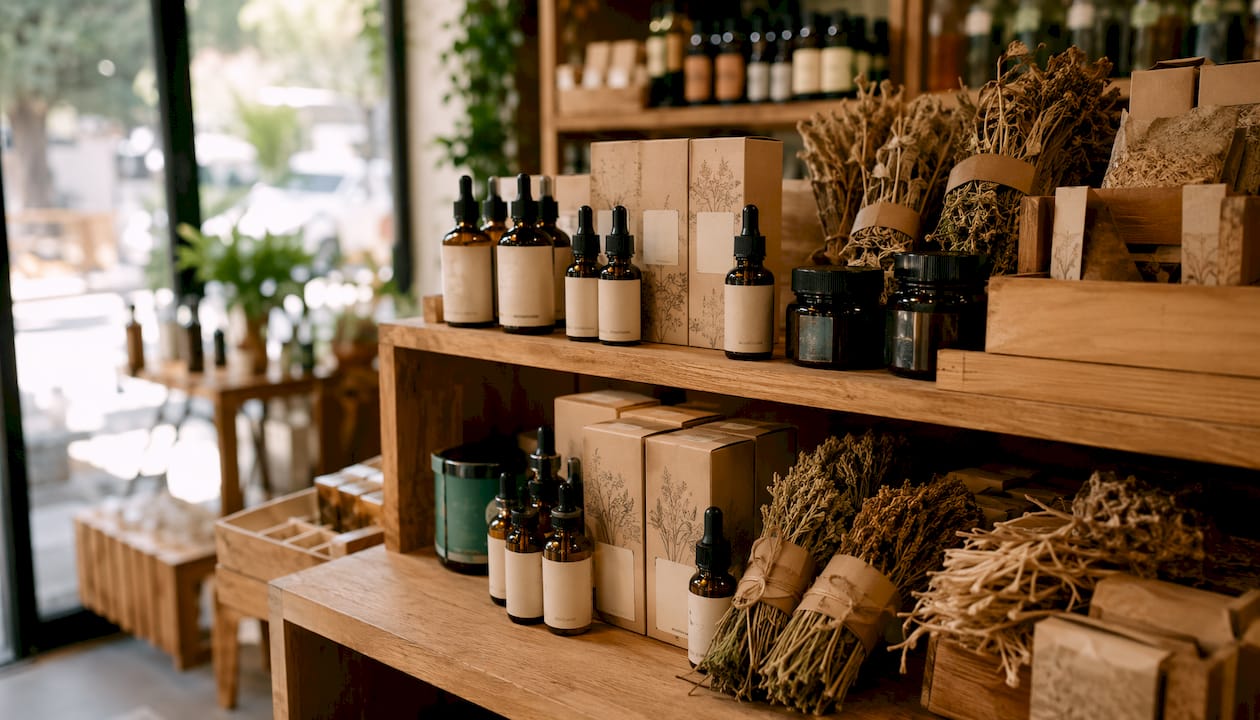 Close-up of UK herbal wellness products on shop shelf