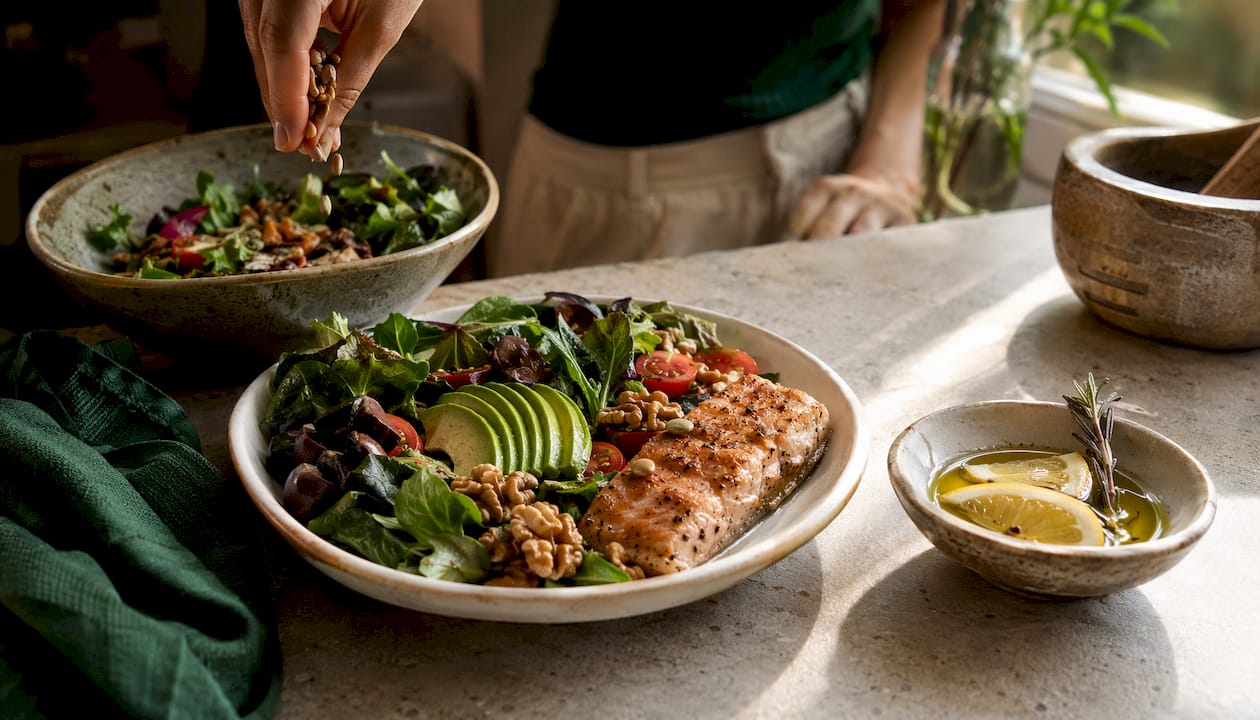 Overhead view of Mediterranean anti-inflammatory meal preparation