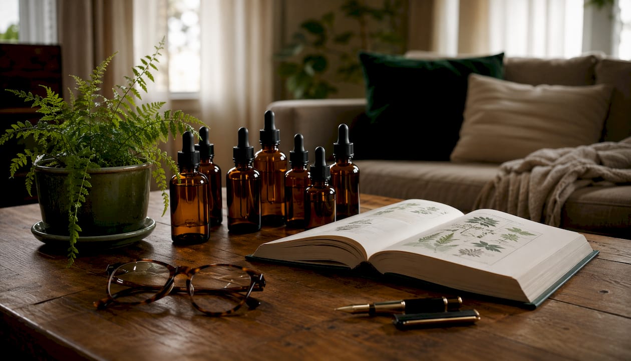 Herbal supplement bottles and research book on desk
