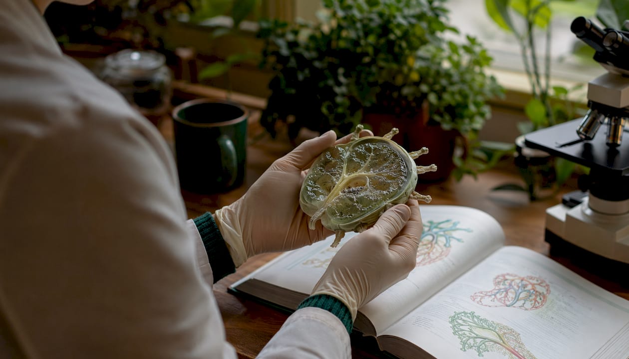 Hands holding lymph node model in lab