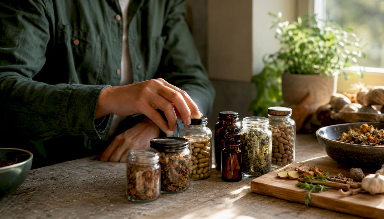 Herbal supplement bottles illustrating standardization