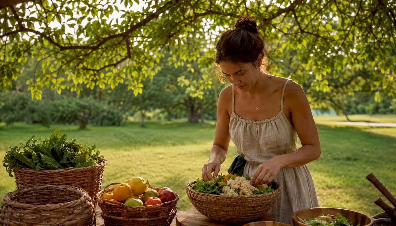 Hands preparing fresh probiotic salad ingredients