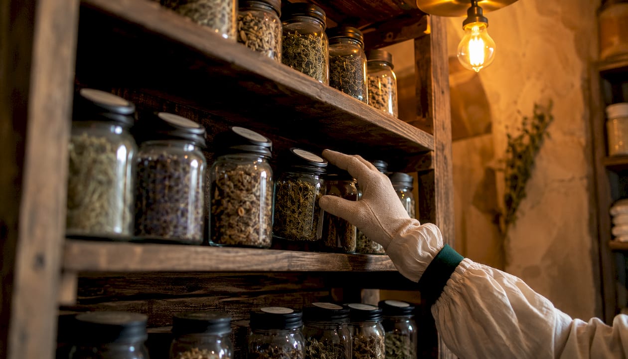 Organized amber and cobalt glass herbal jars in cupboard